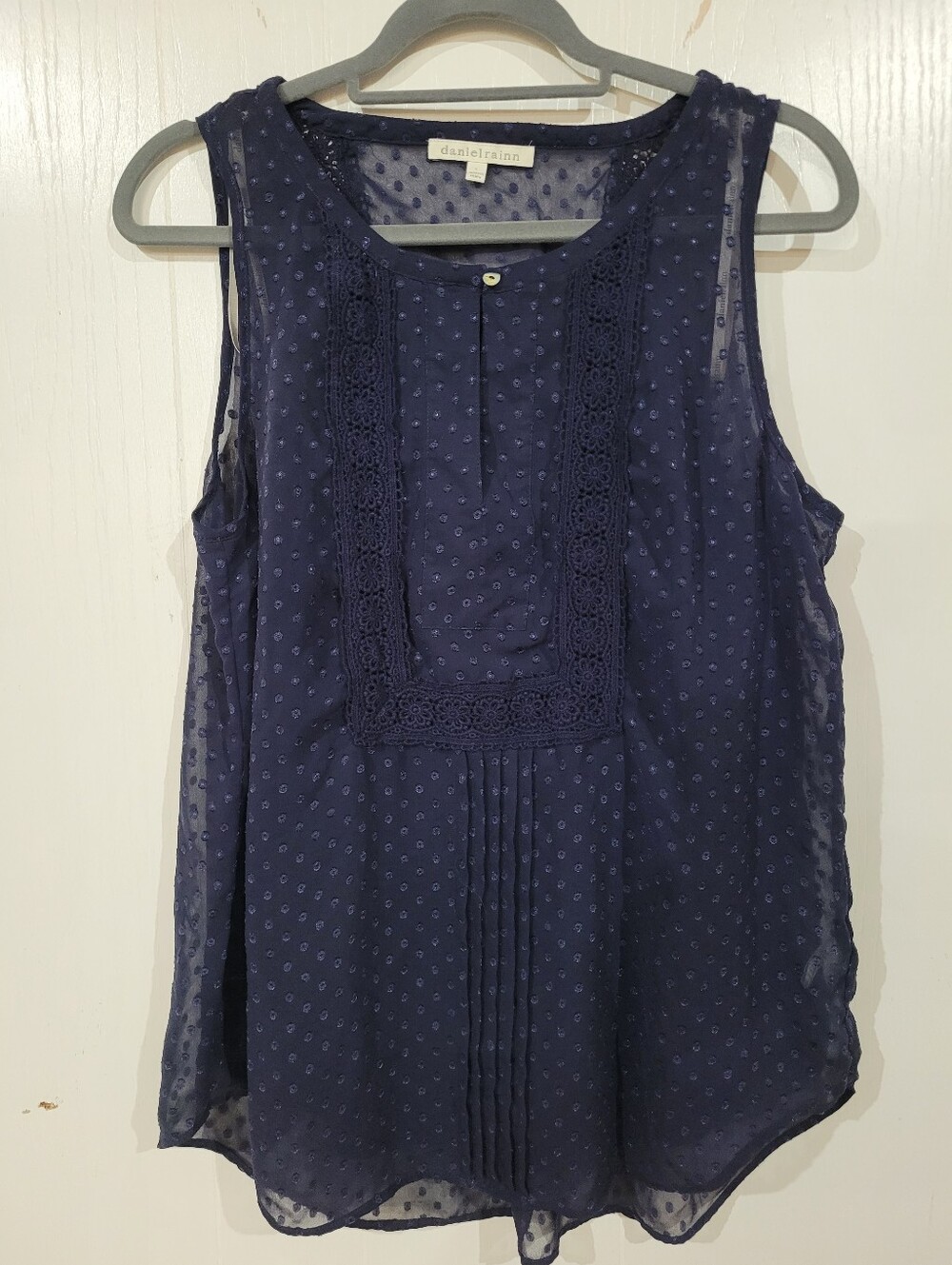 Daniel Rainn Navy Swiss Dot Lace Trim Sleeveless Blousr Size Large